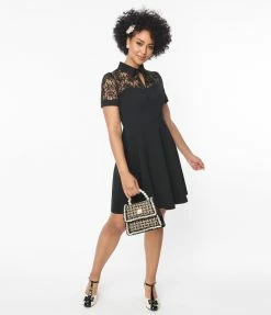 Clothing Unique Vintage Black Lace Fit & Flare Dress