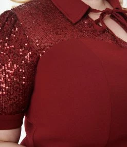 Unique Vintage Plus Size Burgundy Sequin Lace Fit & Flare Dress Clothing