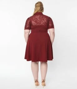 Unique Vintage Plus Size Burgundy Sequin Lace Fit & Flare Dress Clothing