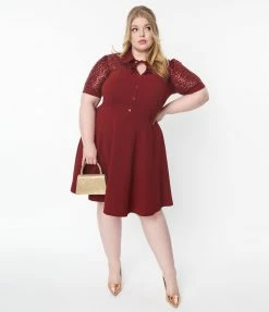 Unique Vintage Plus Size Burgundy Sequin Lace Fit & Flare Dress Clothing
