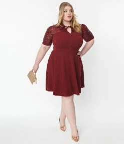 Unique Vintage Plus Size Burgundy Sequin Lace Fit & Flare Dress Clothing