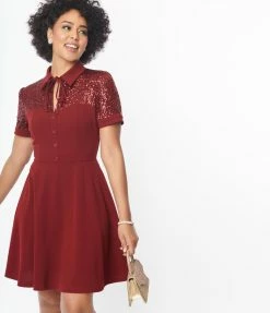 Clothing Unique Vintage Burgundy Sequin Lace Fit & Flare Dress