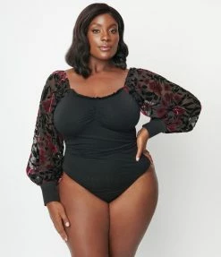 Unique Vintage Plus Size Black & Floral Burnout Sleeve Bodysuit New Arrivals!