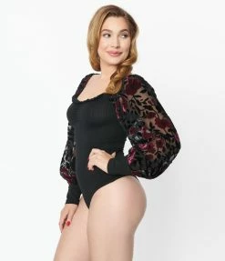 Clothing Unique Vintage Black & Floral Burnout Sleeve Bodysuit