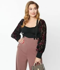 Clothing Unique Vintage Black & Floral Burnout Sleeve Bodysuit