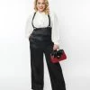 Unique Vintage Plus Size Black Satin High Waist Suspender Pants