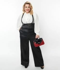 Unique Vintage Plus Size Black Satin High Waist Suspender Pants
