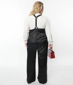 Unique Vintage Plus Size Black Satin High Waist Suspender Pants