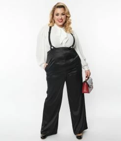 Unique Vintage Plus Size Black Satin High Waist Suspender Pants