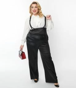 Unique Vintage Plus Size Black Satin High Waist Suspender Pants