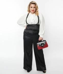 Unique Vintage Plus Size Black Satin High Waist Suspender Pants