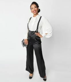 Unique Vintage Black Satin High Waist Suspender Pants New Arrivals!