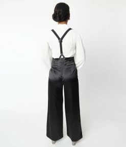 Unique Vintage Black Satin High Waist Suspender Pants New Arrivals!