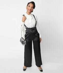 Unique Vintage Black Satin High Waist Suspender Pants New Arrivals!