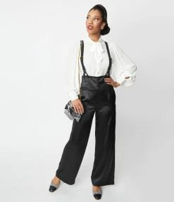 Unique Vintage Black Satin High Waist Suspender Pants New Arrivals!