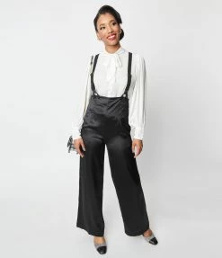 Unique Vintage Black Satin High Waist Suspender Pants New Arrivals!