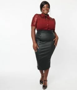 Unique Vintage Plus Size Black Vegan Leather Wiggle Skirt