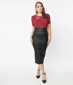 Unique Vintage Black Vegan Leather Wiggle Skirt Trending