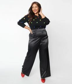 Clothing Unique Vintage Plus Size Black Satin High Waist Ginger Pants