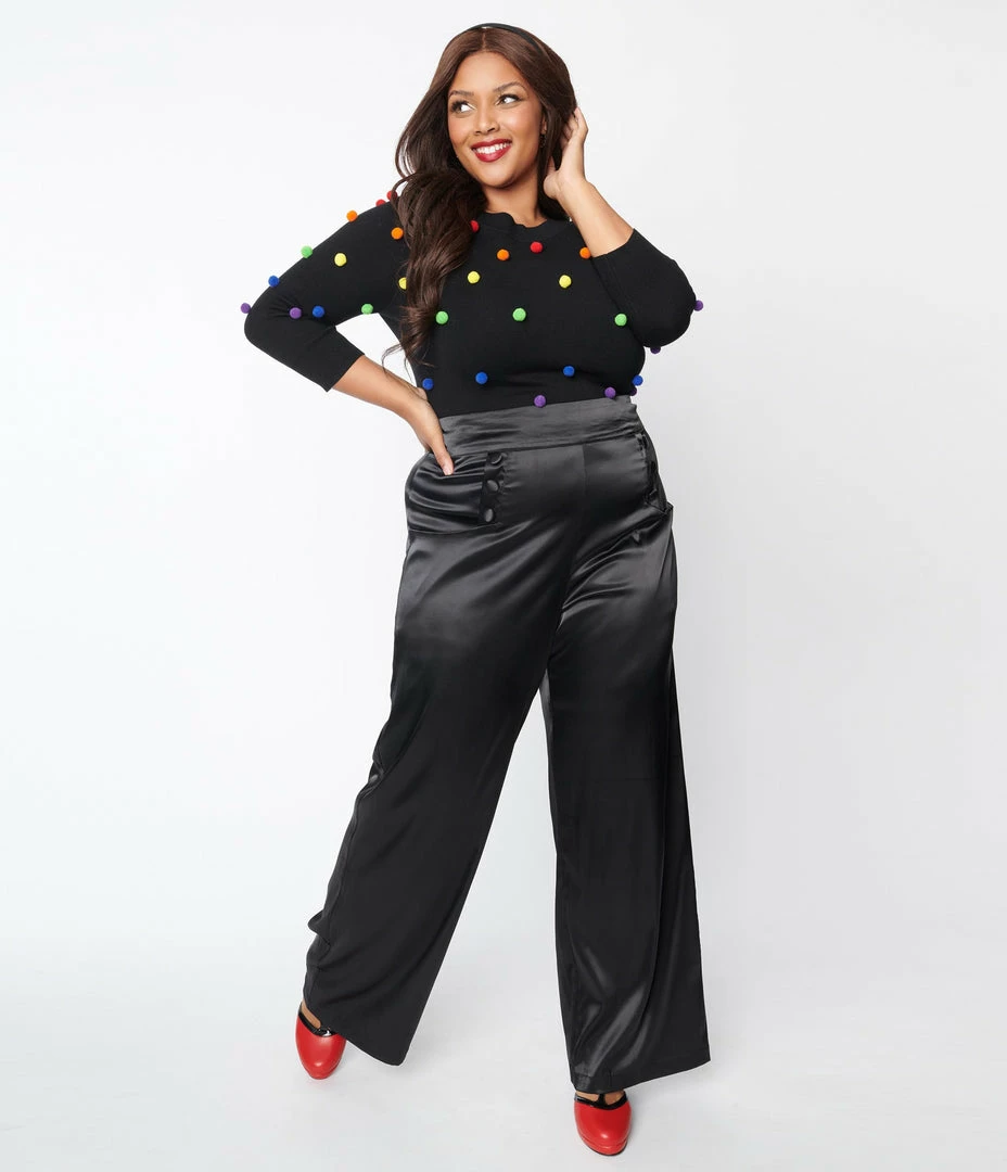 Clothing Unique Vintage Plus Size Black Satin High Waist Ginger Pants