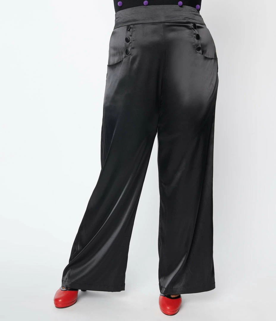 Clothing Unique Vintage Plus Size Black Satin High Waist Ginger Pants