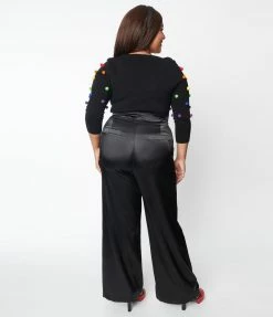 Clothing Unique Vintage Plus Size Black Satin High Waist Ginger Pants