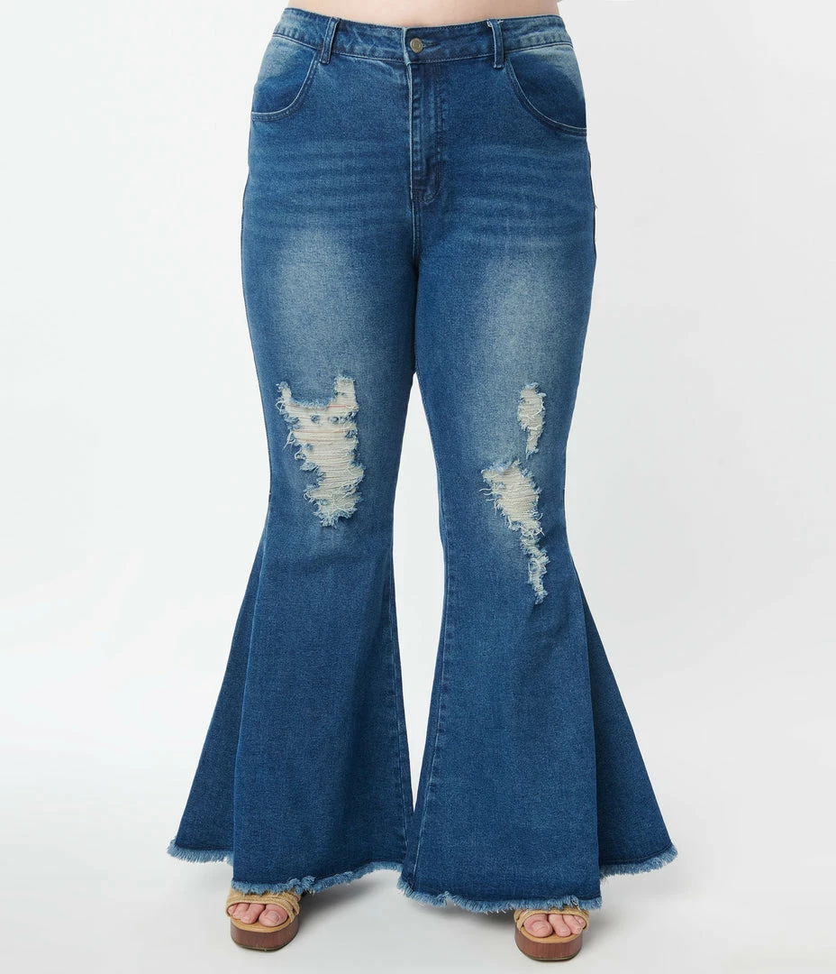 Saints & Hearts Sale Plus Size Distressed Denim Bell Bottom Jeans