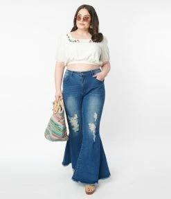Saints & Hearts Sale Plus Size Distressed Denim Bell Bottom Jeans