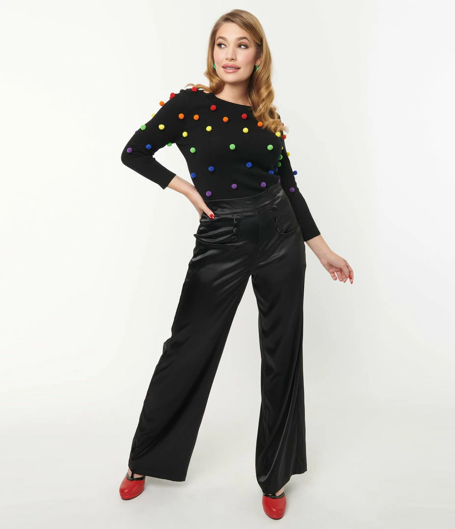 Unique Vintage Black Satin High Waist Ginger Pants Clothing