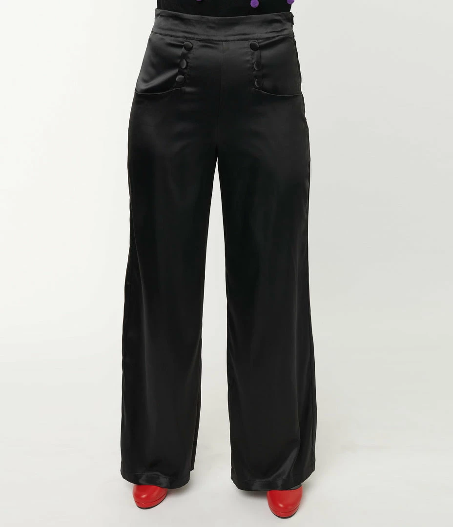 Unique Vintage Black Satin High Waist Ginger Pants Clothing