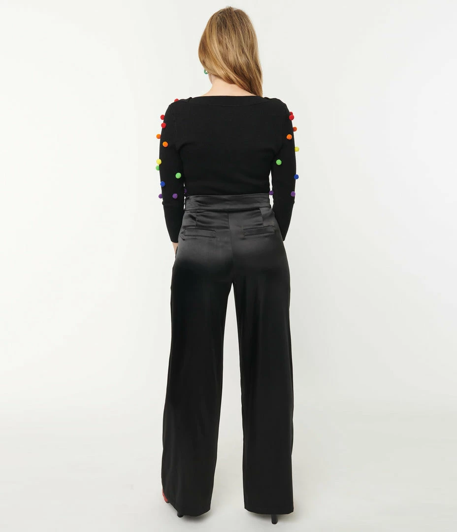 Unique Vintage Black Satin High Waist Ginger Pants Clothing