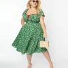 Unique Vintage Plus Size Green & Multi Heart Print Swing Dress New Arrivals!