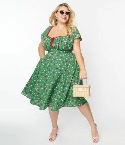 Unique Vintage Plus Size Green & Multi Heart Print Swing Dress New Arrivals!