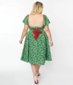 Unique Vintage Plus Size Green & Multi Heart Print Swing Dress New Arrivals!