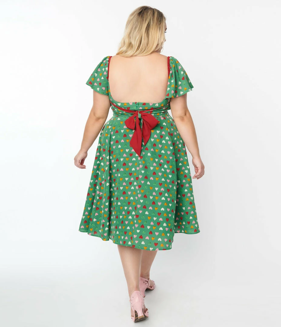 Unique Vintage Plus Size Green & Multi Heart Print Swing Dress New Arrivals!