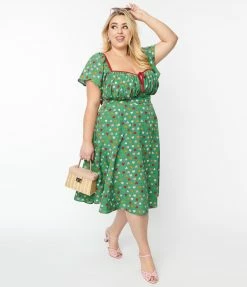Unique Vintage Plus Size Green & Multi Heart Print Swing Dress New Arrivals!