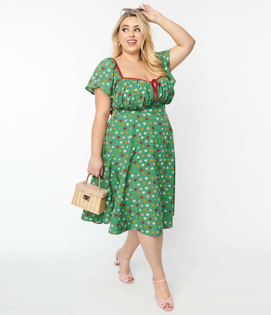 Unique Vintage Plus Size Green & Multi Heart Print Swing Dress New Arrivals!