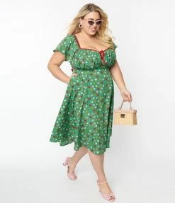 Unique Vintage Plus Size Green & Multi Heart Print Swing Dress New Arrivals!