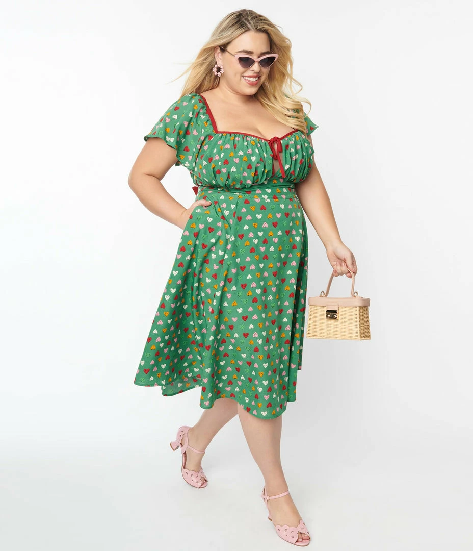 Unique Vintage Plus Size Green & Multi Heart Print Swing Dress New Arrivals!