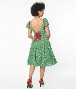New Arrivals! Unique Vintage Green & Multi Heart Print Swing Dress