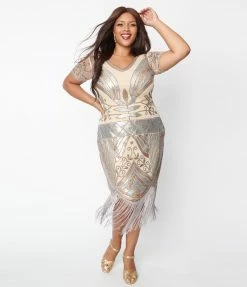 Clothing Unique Vintage Plus Size 1920s Beige & Silver Deco Sequin Short Sleeve Flapper Dress