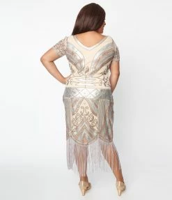 Clothing Unique Vintage Plus Size 1920s Beige & Silver Deco Sequin Short Sleeve Flapper Dress