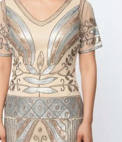Unique Vintage 1920s Beige & Silver Deco Sequin Short Sleeve Flapper Dress