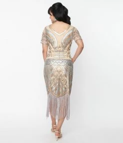 Unique Vintage 1920s Beige & Silver Deco Sequin Short Sleeve Flapper Dress