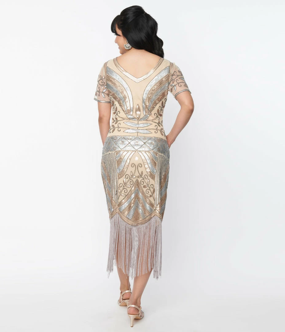 Unique Vintage 1920s Beige & Silver Deco Sequin Short Sleeve Flapper Dress