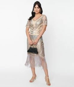 Unique Vintage 1920s Beige & Silver Deco Sequin Short Sleeve Flapper Dress