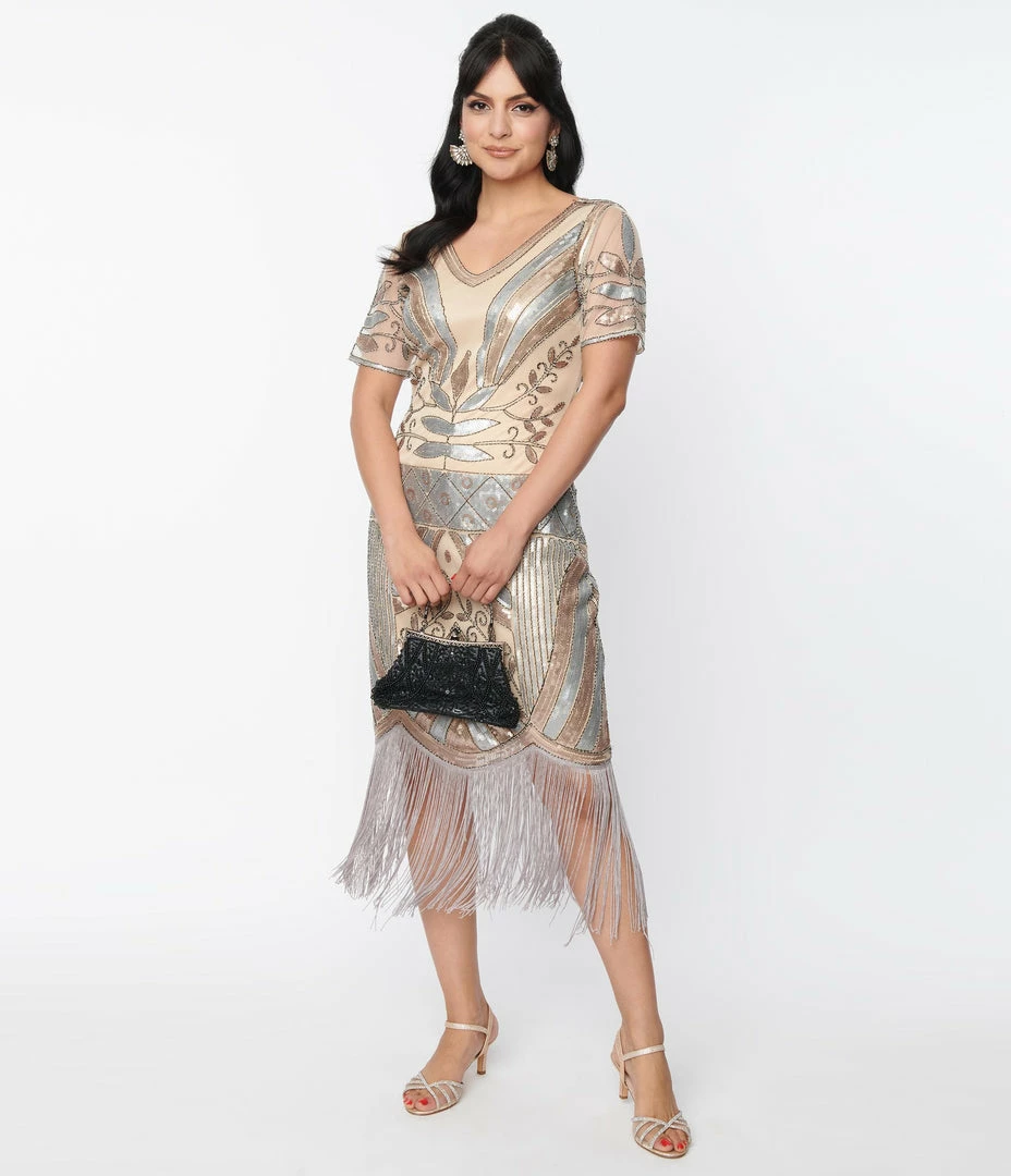 Unique Vintage 1920s Beige & Silver Deco Sequin Short Sleeve Flapper Dress