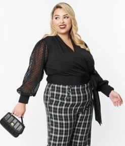 Unique Vintage Plus Size Black Clip Dot Giselle Wrap Top New Arrivals!