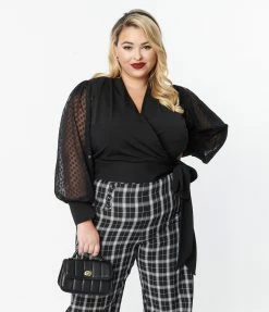 Unique Vintage Plus Size Black Clip Dot Giselle Wrap Top New Arrivals!