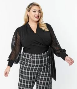 Unique Vintage Plus Size Black Clip Dot Giselle Wrap Top New Arrivals!